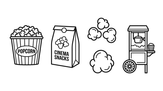 Set of simple black and white line art icons featuring a popcorn bucket, snack bag, loose kernels, and a food cart