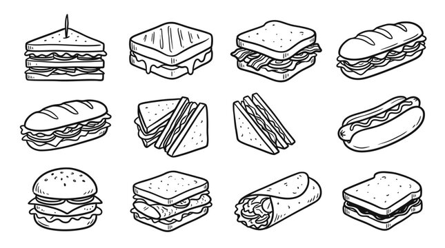 Set of hand drawn sandwiches burgers and fast food items in a simple black and white sketch style for cafe menu design