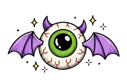 Flying eyeball with bat wings and devil horns spooky halloween graphic