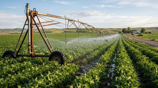 Automated irrigation system waters lush green crops in a vast agricultural field under a clear blue sky