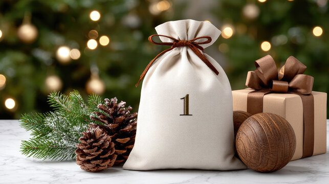 Celebrating advent season with a number one fabric gift bag, gift box, festive pinecones, and evergreen branches, creating a warm holiday atmosphere