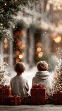 Two children anticipating the holiday joy, surrounded by christmas gifts and illuminated trees, watching the serene snowfall with a backdrop of warm bokeh lights
