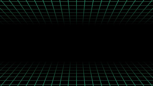 Retro 80s Sci-Fi Green Wireframe Grid Tunnel Animation, Futuristic Green Neon Grid Perspective Cyberspace Background, Digital Green Perspective Grid in Dark Cyberspace Void