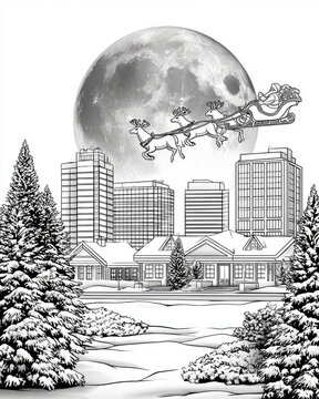 Santa claus flying a sleigh packed with gifts, pulled by two reindeer across a snowy village under a large full moon and falling snow, black-and-white coloring page illustration