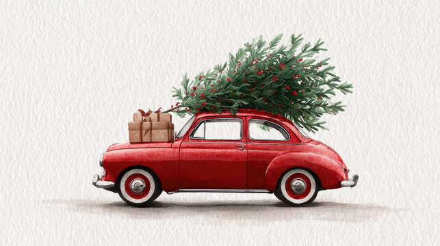 Red vintage car traveling, carrying a festive christmas tree and beautifully wrapped presents on its roof rack, creating a heartwarming scene for holiday celebrations rendered in a watercolor style