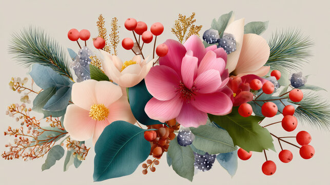 Watercolor festive floral arrangement depicting a rich mix of winter foliage, red berries, and delicate flowers, ideal for holiday greeting cards and invitations