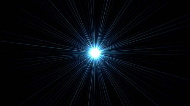 Abstract starburst light effect with bright blue rays radiating from a central point on a black background, sunburst explosion