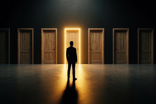 Silhouetted man in suit stands in dark corridor facing many wooden doors. One door glows with bright yellow light. Person faces difficult choice life decision. Mysterious concept of opportunity,