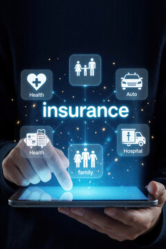 Person uses digital tablet to manage insurance policies. Glowing icons show health, auto, family, hospital coverage options. Online fintech application offers secure financial protection, medical