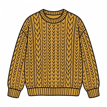 Cozy knitted winter sweater illustration, mustard yellow cable knit jumper graphic, autumn fashion apparel icon