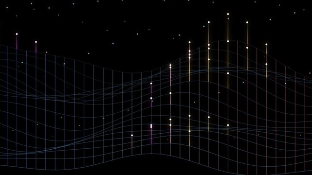 Abstract data visualization with glowing vertical nodes and wave patterns on a dark grid background, representing network connectivity and information flow