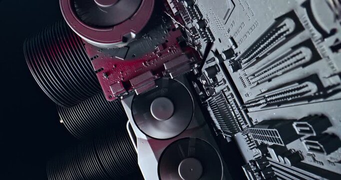 Working motherboards with heatsink and fans and graphics card