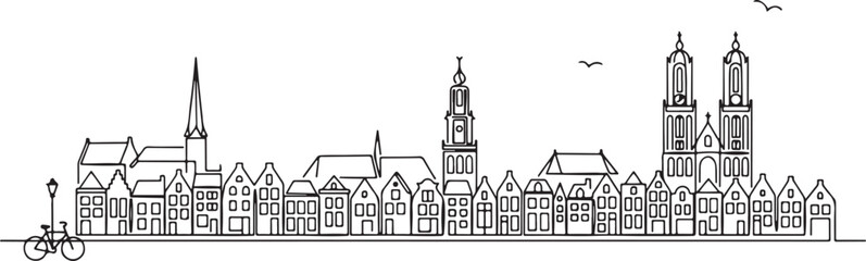 Fototapeta premium One single line drawing of Groningen city skyline, Netherlands. Historical skyscraper landscape in world. Best holiday destination wall decor poster. one line Icon drawing