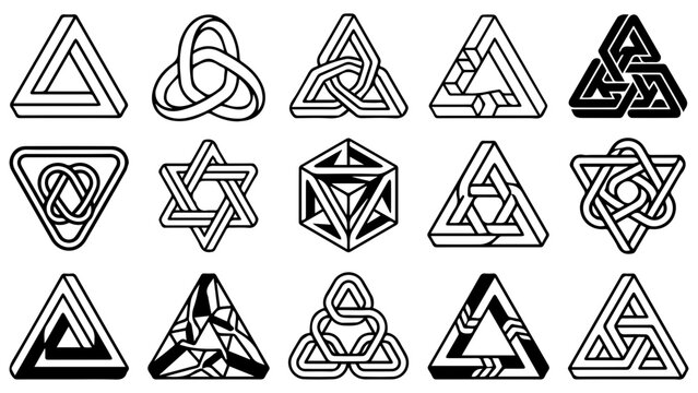 Set of black and white impossible geometry shapes and optical illusion triangle logo icons vector