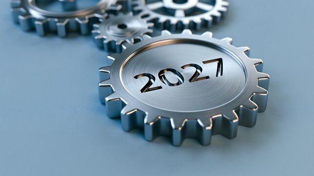 Metallic gear mechanism with the year 2027 engraved on the central cog, isolated on a smooth, light blue background