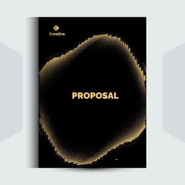 Business proposal cover template featuring gold glitter halftone circular design on black background