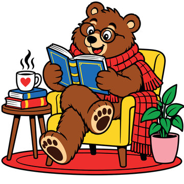 Vsai bear enjoying cozy reading time with book and coffee
