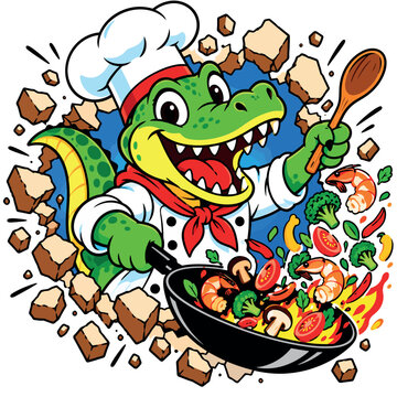 Vsai alligator chef cooking seafood and vegetables in a pan