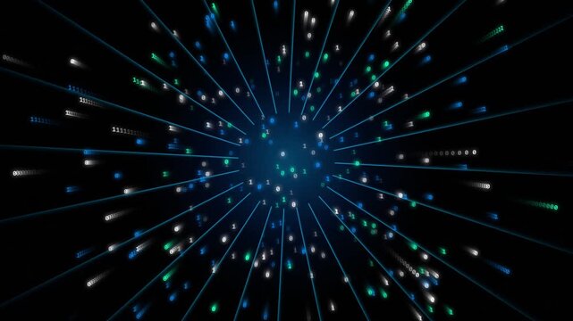 Abstract background with binary code numbers zero and one radiating from a central point representing digital data transmission