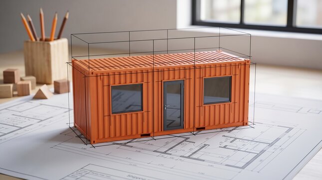 Orange cargo container miniature model on architectural house blueprint with pencils in a wooden holder shipping container home design tiny house real estate sustainable architecture blueprint