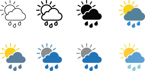 Obraz premium Weather Forecast Icon Set with Rain Clouds and Sun in Outline Black and Colorful Flat Styles