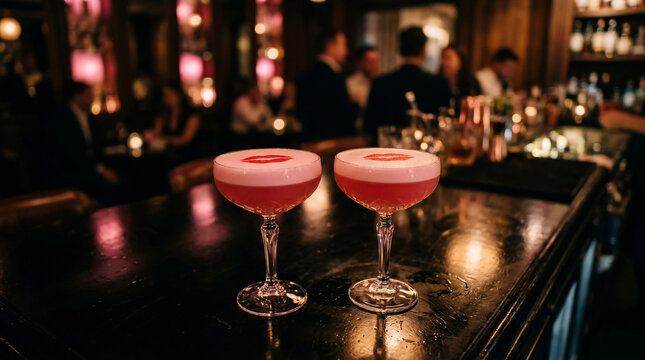 Two vibrant pink cocktails with foamy tops served on a dimly lit bar counter