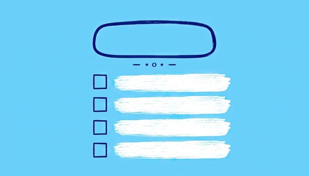 Hand-drawn wireframe checklist with rounded title box on blue background