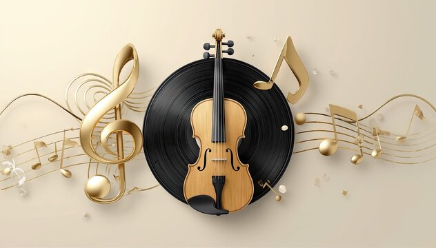 Gold violin balanced on black vinyl record