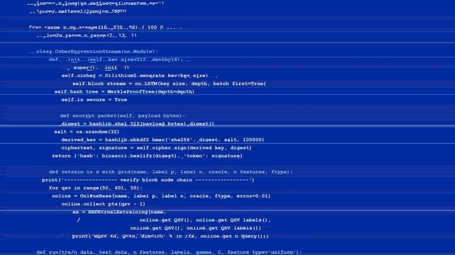 Python Scripting Code Typing and Scrolling on Blue Screen Terminal for Cyber Security Software Development Visuals