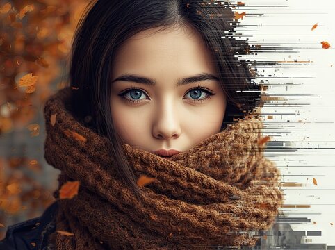 Woman face with scarf partially dissolving into horizontal digital glitch effect