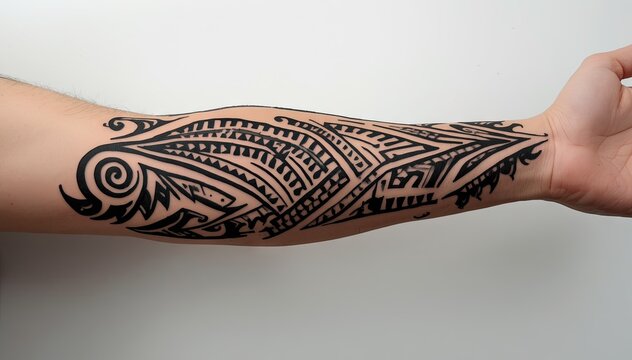 Forearm with intricate black tribal Polynesian style tattoo design