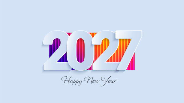 New Year 2027, elegant greeting card in papercut style. Paper numbers on rectangular ribbed fractal glass textured background with neon colors for flyers,web, banners, posters, diaries. Vector