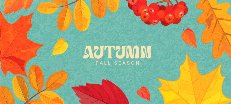 Autumn seasonal textured banner with colorful leaves, 3d rowan berries in fall colors. Fall foliage for decoration seasonal sales, ad, branding, promotion. Perfect for prints, marketing,covers. Vector