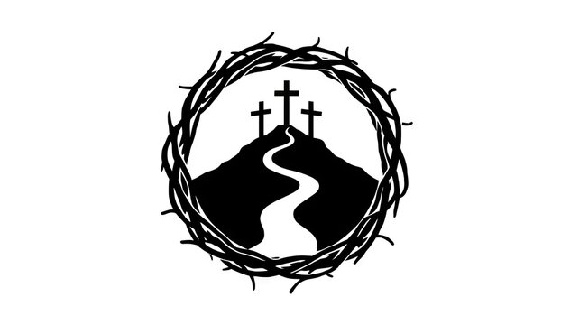 Three crosses on hilltop wrapped in thorns