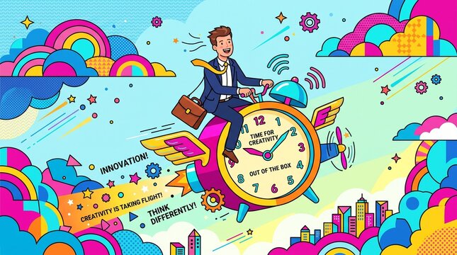 Surreal business concept of worker riding flying giant alarm clock vector