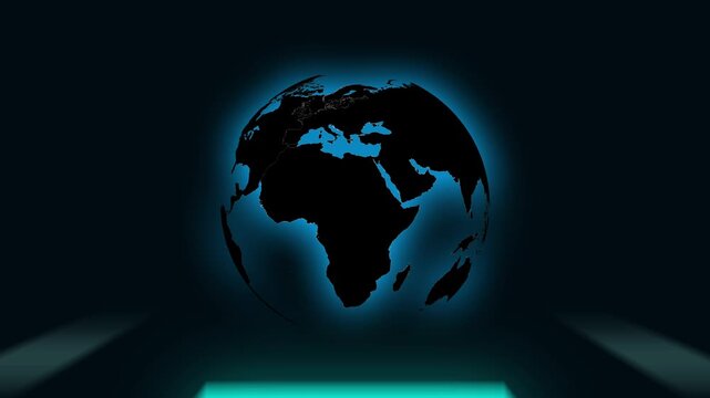 Earth globe silhouette animation rotates with a vibrant blue neon glow. Continental planetary cartography coordinates frame the globe. International telecommunication networks link the Earth globe.