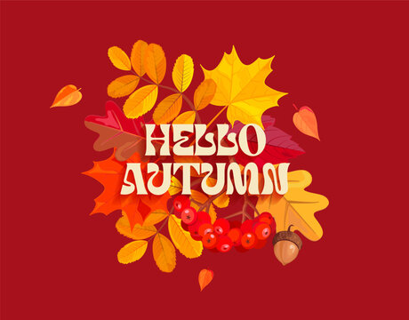 Greeting autumn bright banner with colorful fall leaves, rowan berries, acorns. 3d fall foliage for decoration seasonal sales, ad, branding, promotion. Perfect for prints, marketing,covers. Vector