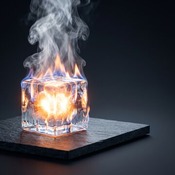 Minimalist surreal glowing thermal ice cube radiating hot steam without melting on a dark slate platform, symbolizing burning ice [with copy space]