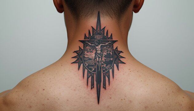 Dark gothic dagger tattoo with radiating spikes on neck