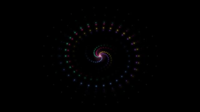 Six colorful glowing spiral fractals spinning on black background