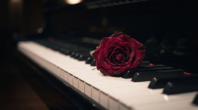Romantic red rose resting on piano keys in dramatic low light, elegant musical still life symbolizing love, passion, melody and romance