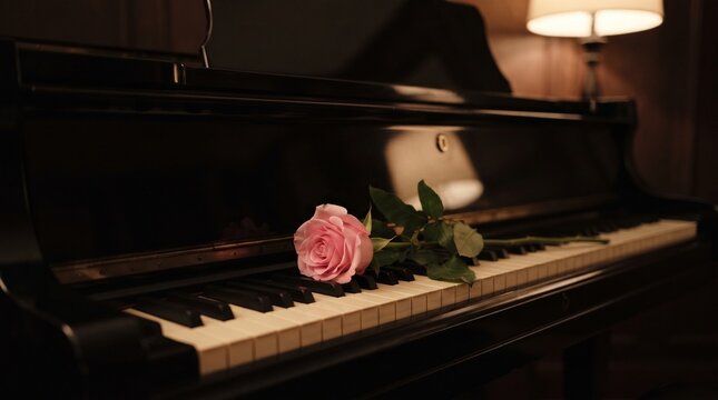 Soft pink rose displayed on black piano keys in a dark elegant interior, romantic musical still life with warm ambient lamp lighting