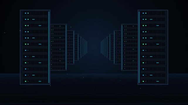 Data center server racks glowing in a dark cyber tunnel background animation for information systems