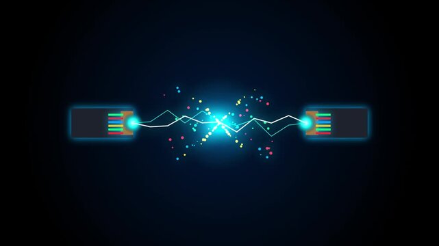Data transfer animation with glowing network cables and electric sparks in digital cyberspace