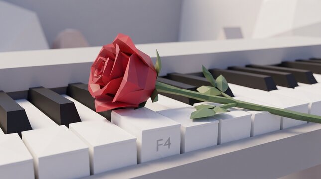 Single rose on a piano key with geometric red petals and green stem resting across a bright keyboard in a minimalist low poly composition