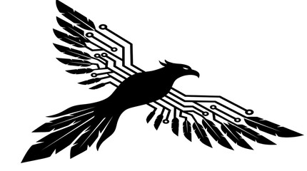 Fototapeta premium Isometric cybernetic phoenix bird silhouette icon representing high tech rebirth artificial intelligence and security startup logo concept