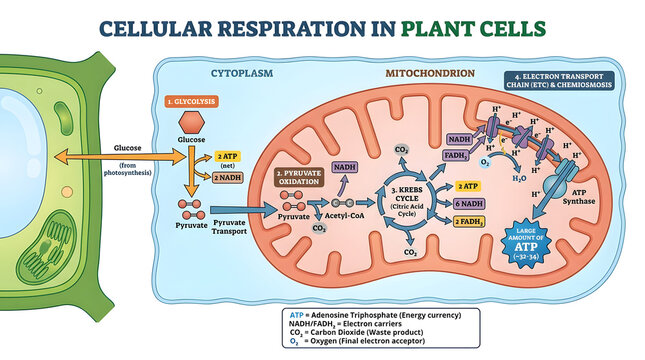 Scientific infographic of cellular respiration process in plant cells