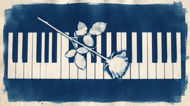 Single rose on a piano key rendered as vintage cyanotype artwork, botanical flower silhouette crossing keyboard in blue monochrome antique print style
