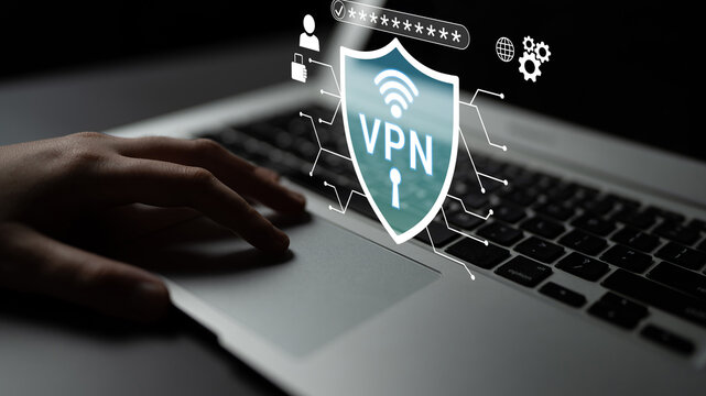Digital Security Concept with VPN Icon Over Laptop Showing Cyber Protection and Online Privacy for Safe Internet Browsing and Data Encryption Haptic.