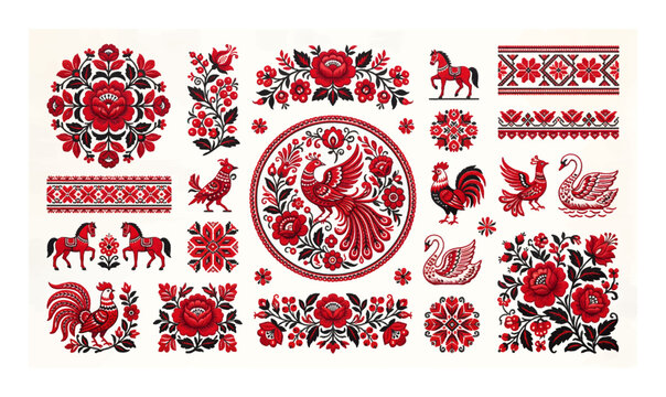 Ukrainian folk art embroidery patterns with birds and flowers.